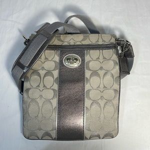 COACH Signature Stripe Silver & Gray Metallic Horse & Carriage Crossbody Bag